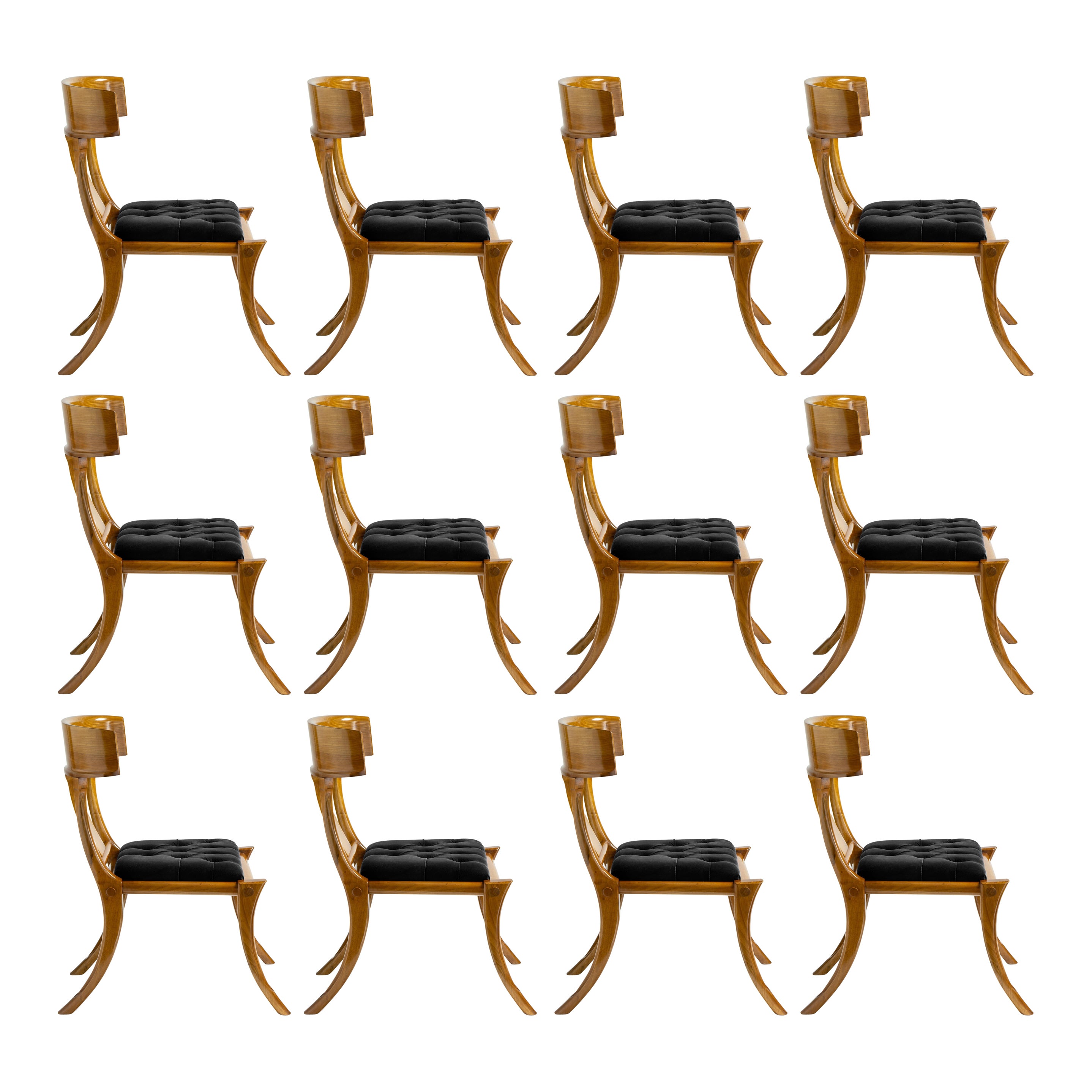 Klismos Walnut Wood Saber Legs Black Velvet Chairs, Customizable set of 12