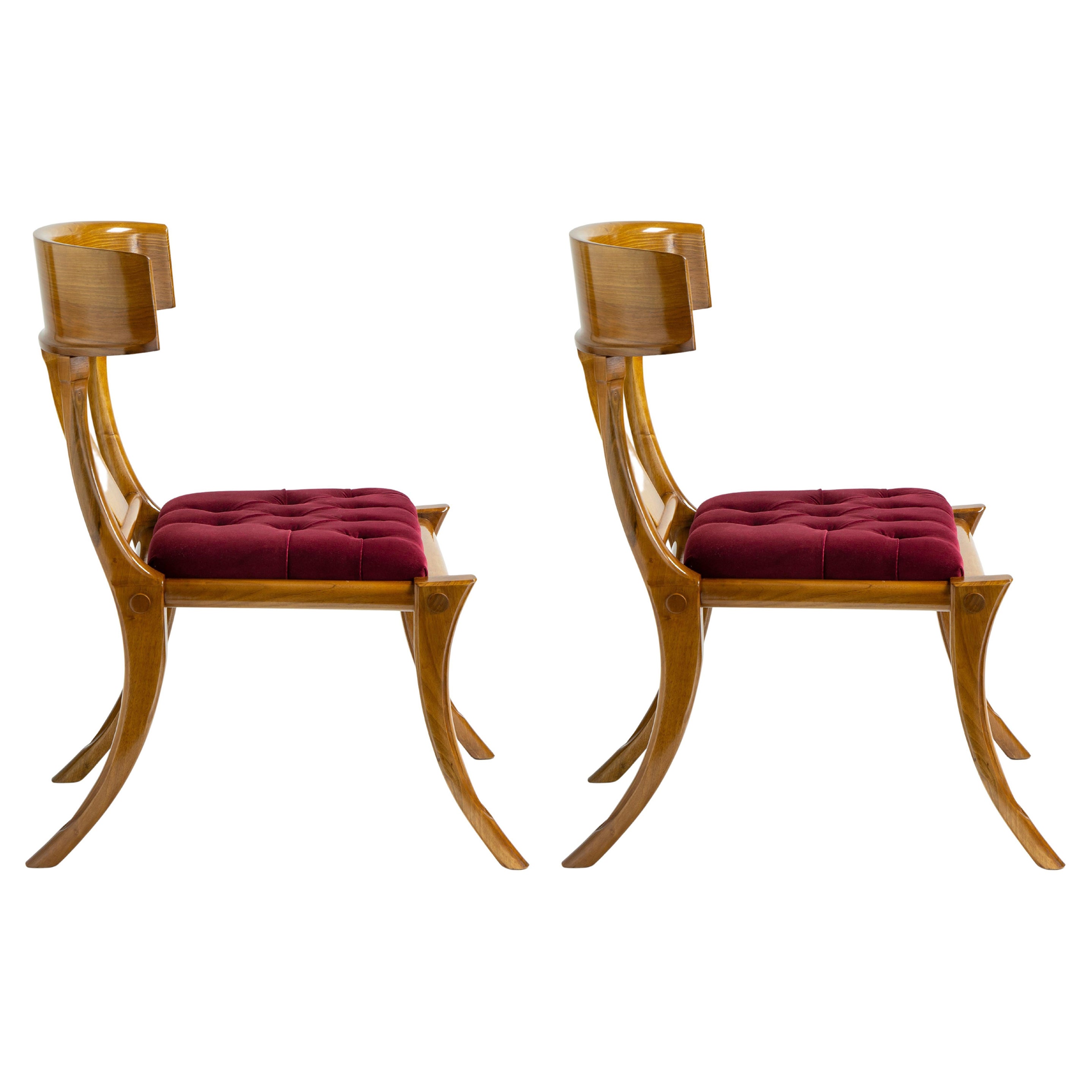 Klismos Walnut Wood Saber Legs Red Velvet Chairs, Customizable Set of 2