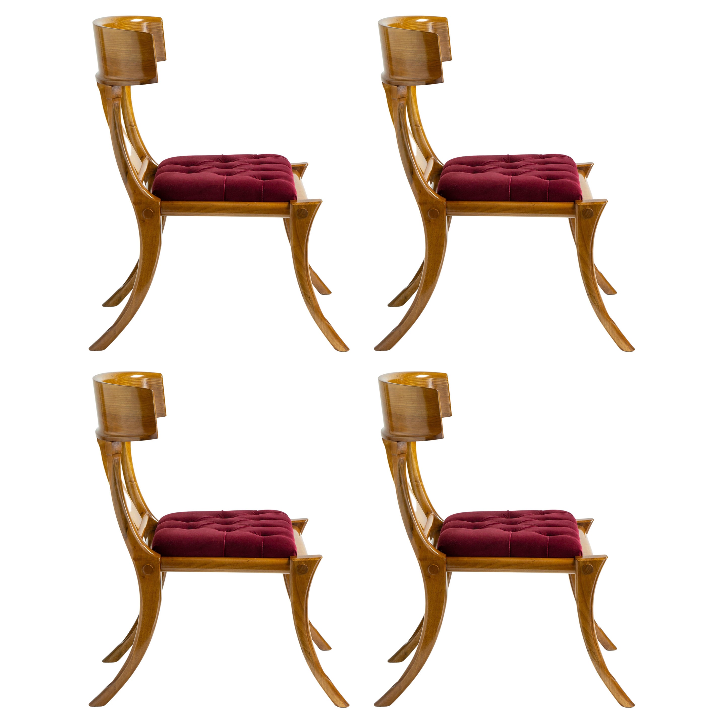 Klismos Walnut Wood Saber Legs Red Velvet Chairs, Customizable Set of 4