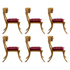 Klismos Walnut Wood Saber Legs Red Velvet Chairs, Customizable Set of 6