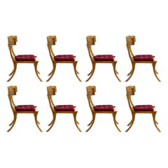 Klismos Walnut Wood Saber Legs Red Velvet Chairs, Customizable Set of 8
