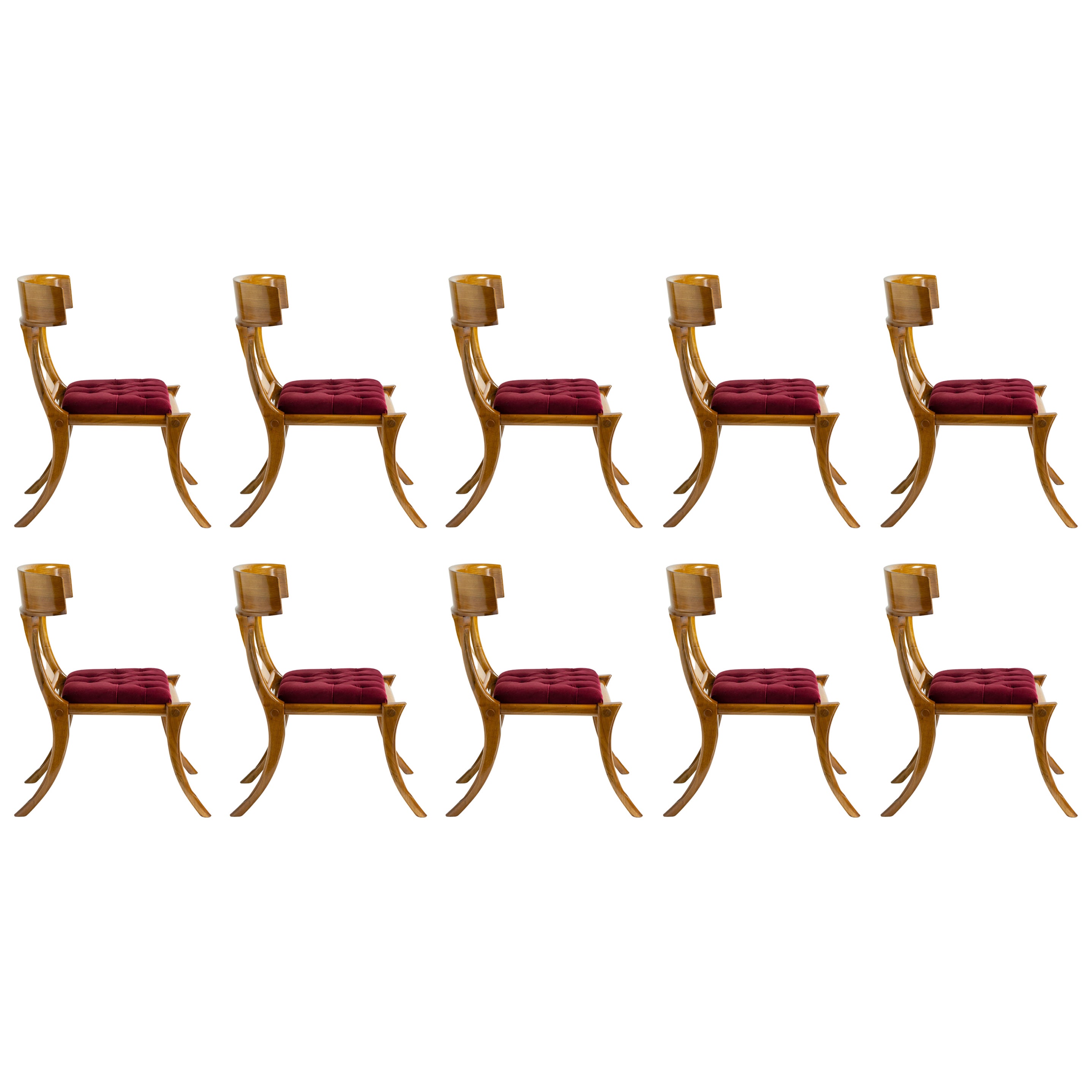 Klismos - Pieds sabres en bois de noyer rouge  Chaises en velours, ensemble personnalisable de 10 pièces