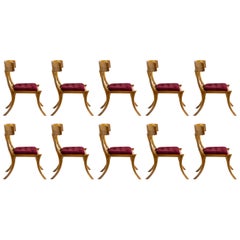 Klismos Walnut Wood Saber Legs Red  Velvet Chairs, Customizable set of 10