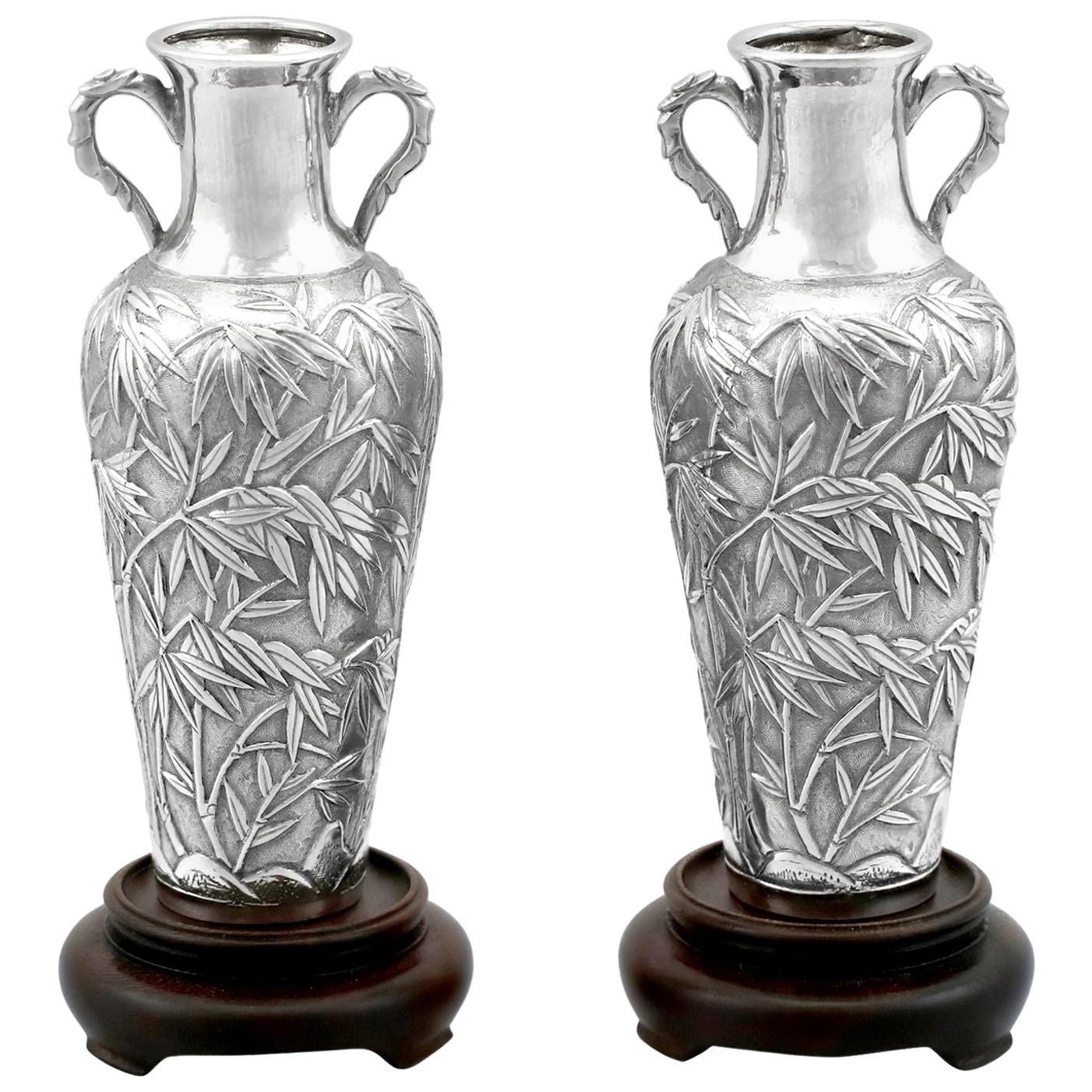 Antique Chinese Export Silver and Cherry Wood Vases For Sale