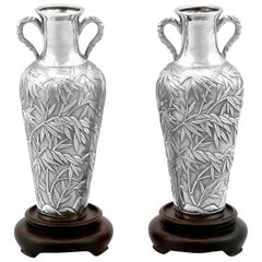 Antique Chinese Export Silver and Cherry Wood Vases