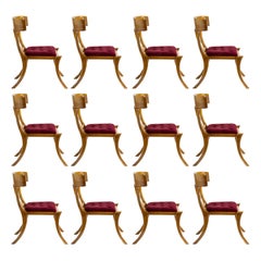 Klismos Walnut Wood Saber Legs Red Velvet Chairs, Customizable Set of 12