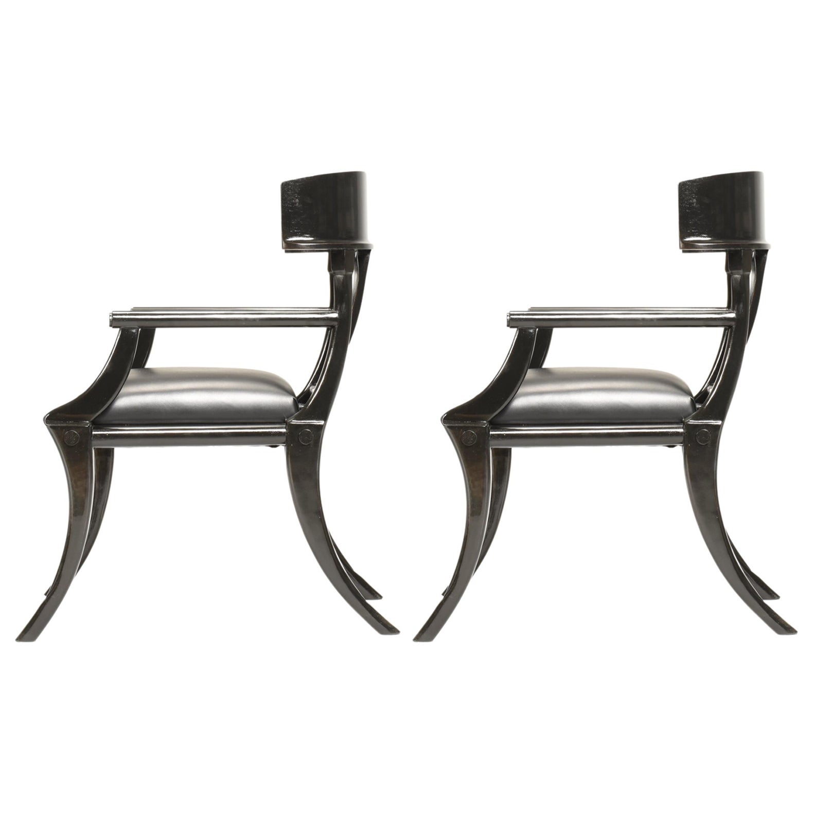 Klismos Black Leather Wood Saber Legs Armchairs Customizable, Set of 2
