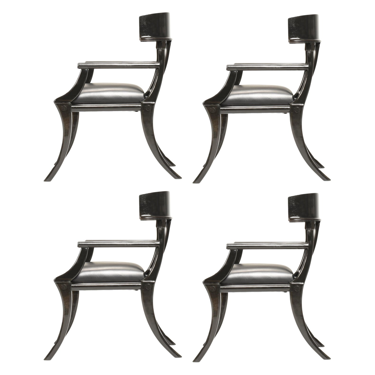 Klismos Sessel mit Säbelbeinen aus schwarzem Leder und Holz, anpassbar, 4er-Set