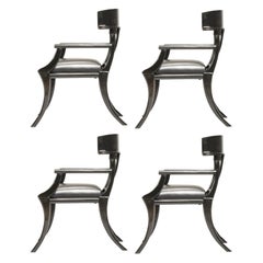 Klismos Black Leather Wood Saber Legs Armchairs Customizable, Set of 4