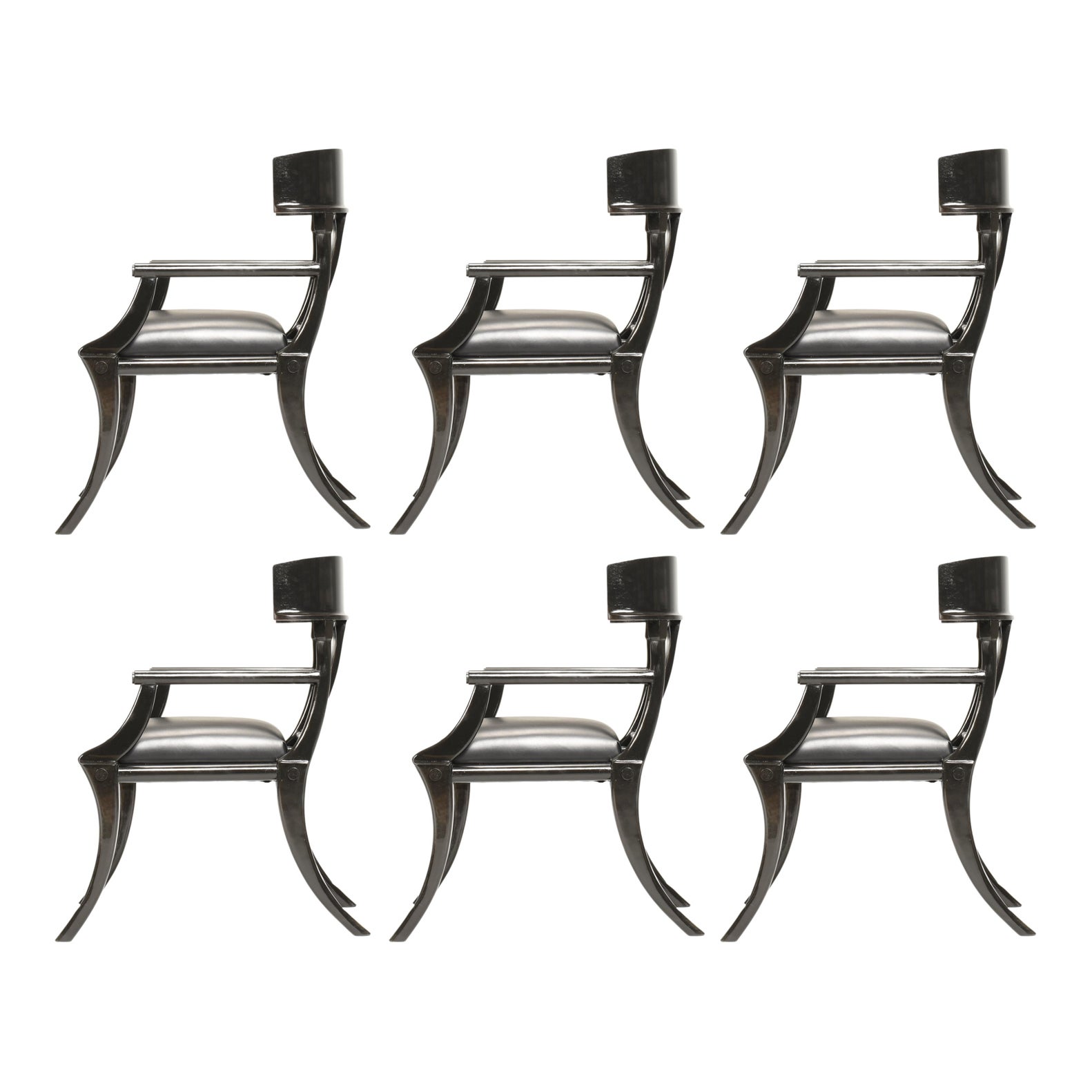 Klismos Sessel mit Säbelbeinen aus schwarzem Leder und Holz, anpassbar, 6er-Set im Angebot