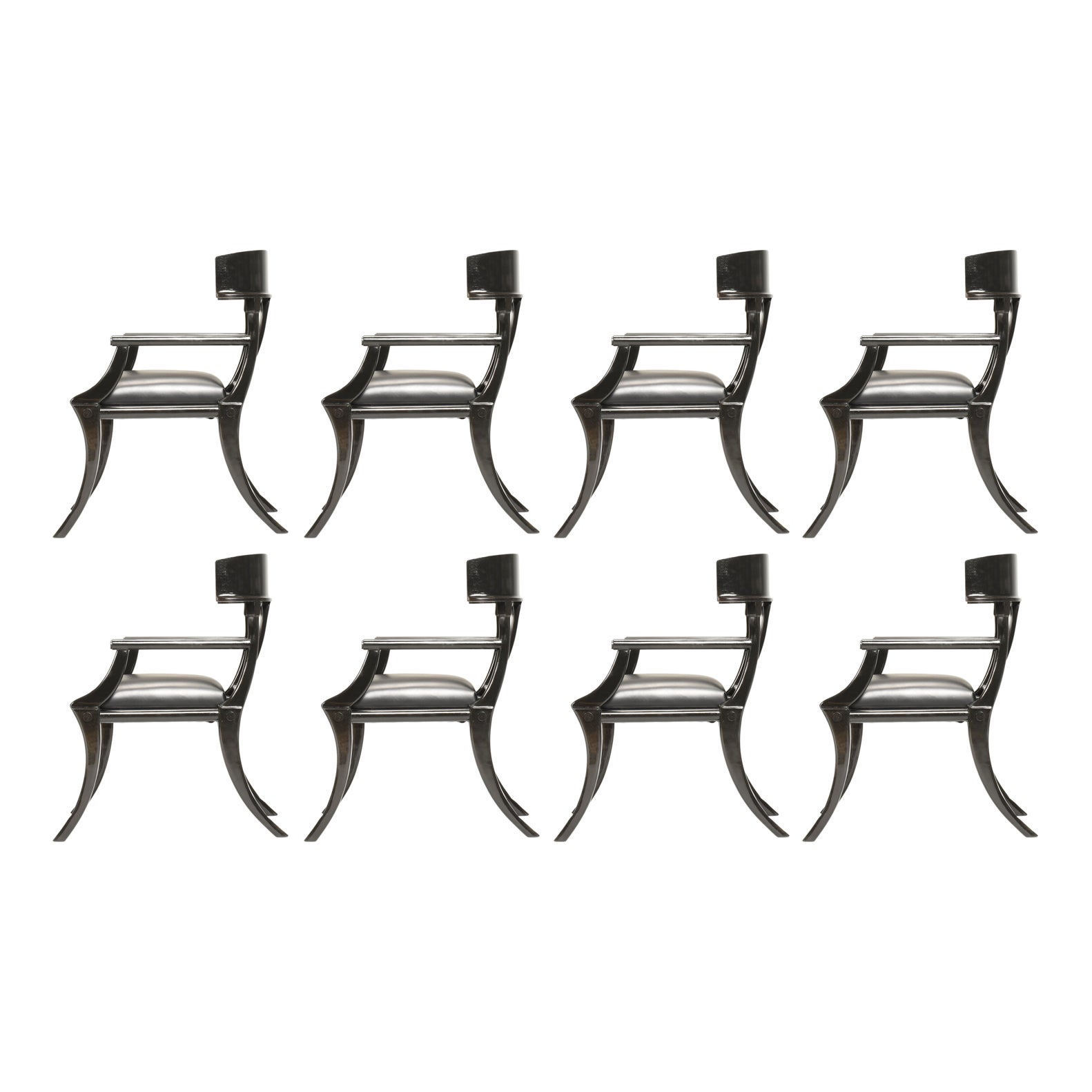 Klismos Sessel mit Säbelbeinen aus schwarzem Leder und Holz, anpassbar, 8er-Set im Angebot