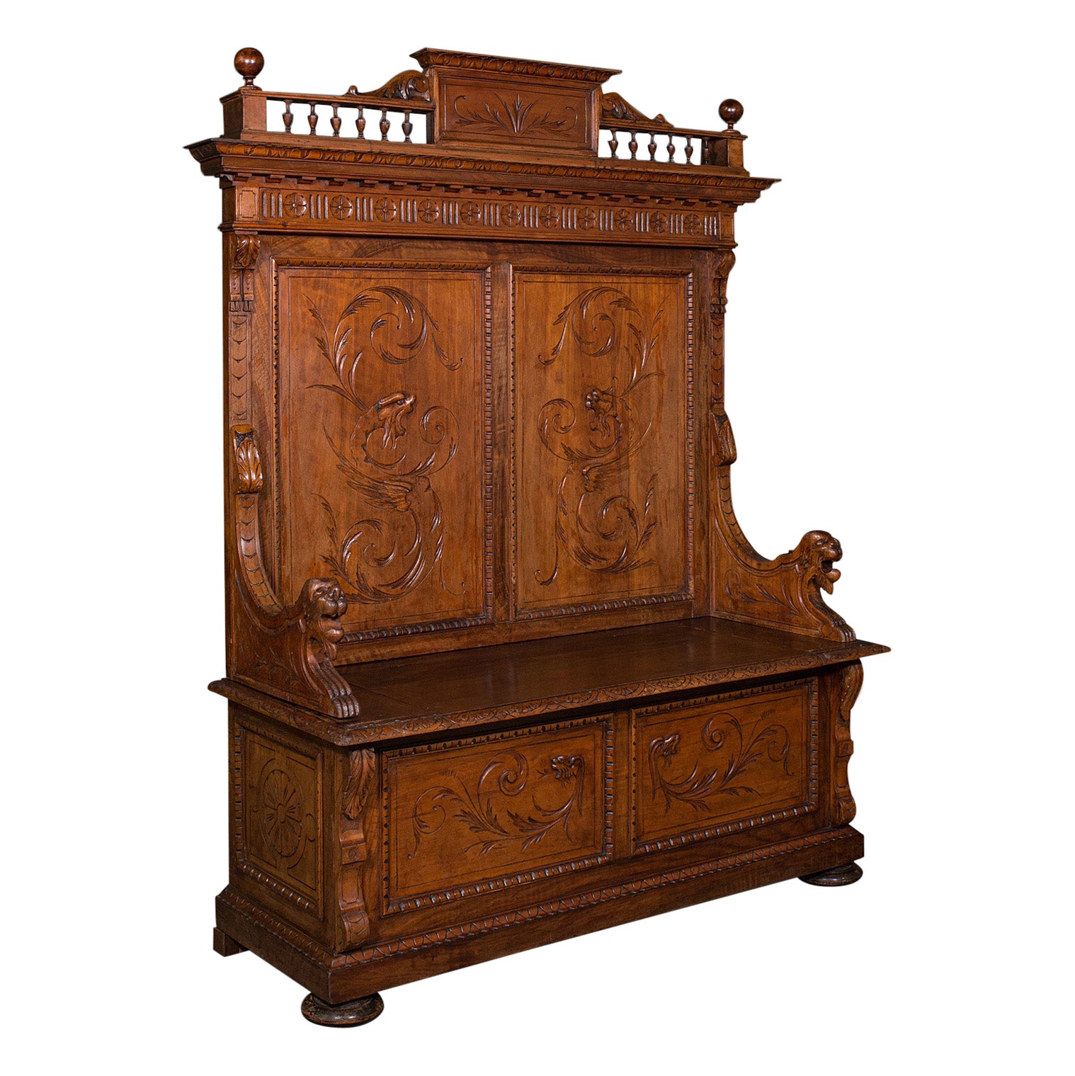 Large Antique Hall Settle, Italian, Pine, Walnut, Bench, Pew, Victorian, C.1850 For Sale