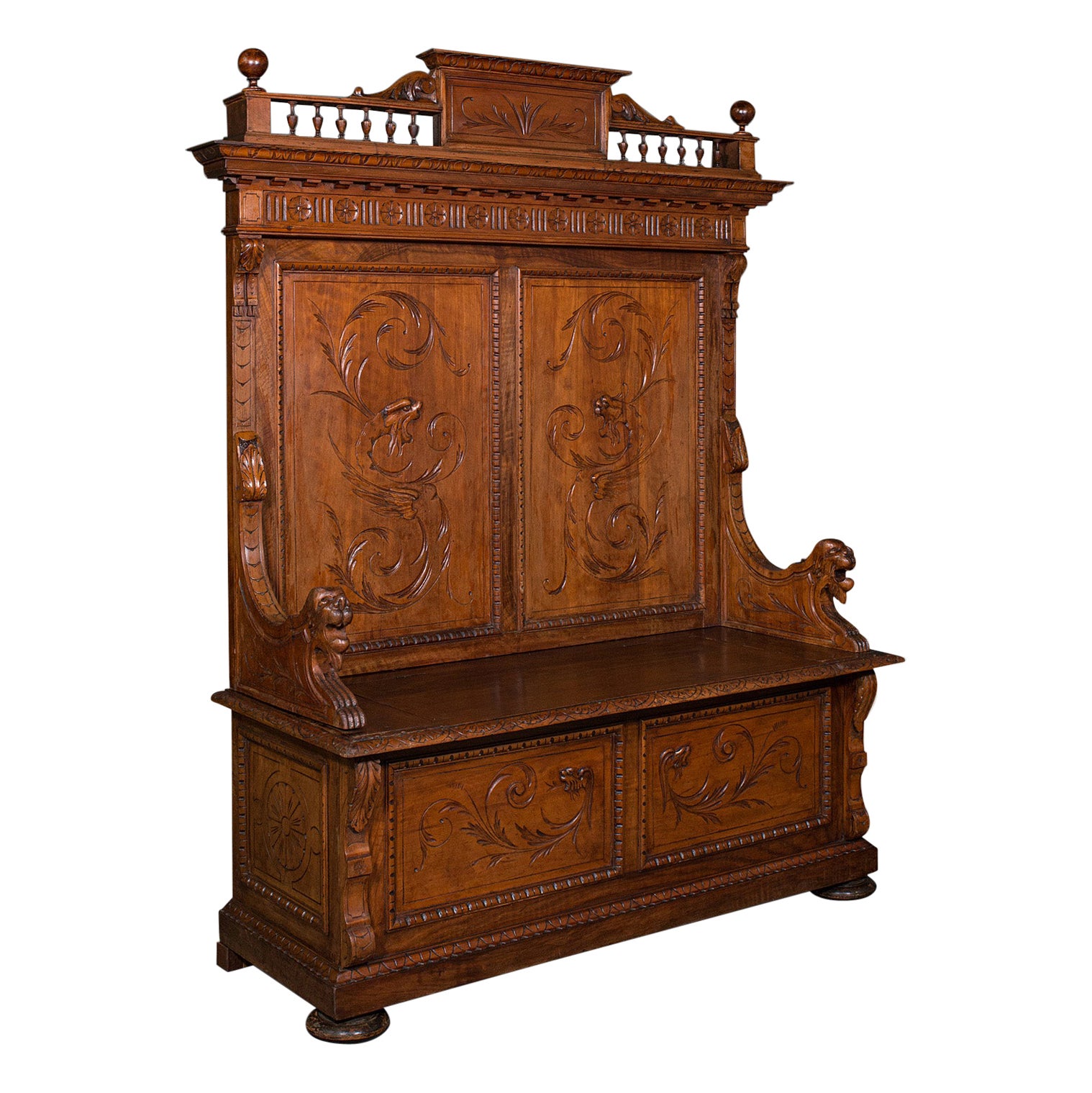 Large Antique Hall Settle, Italian, Pine, Walnut, Bench, Pew, Victorian, C.1850