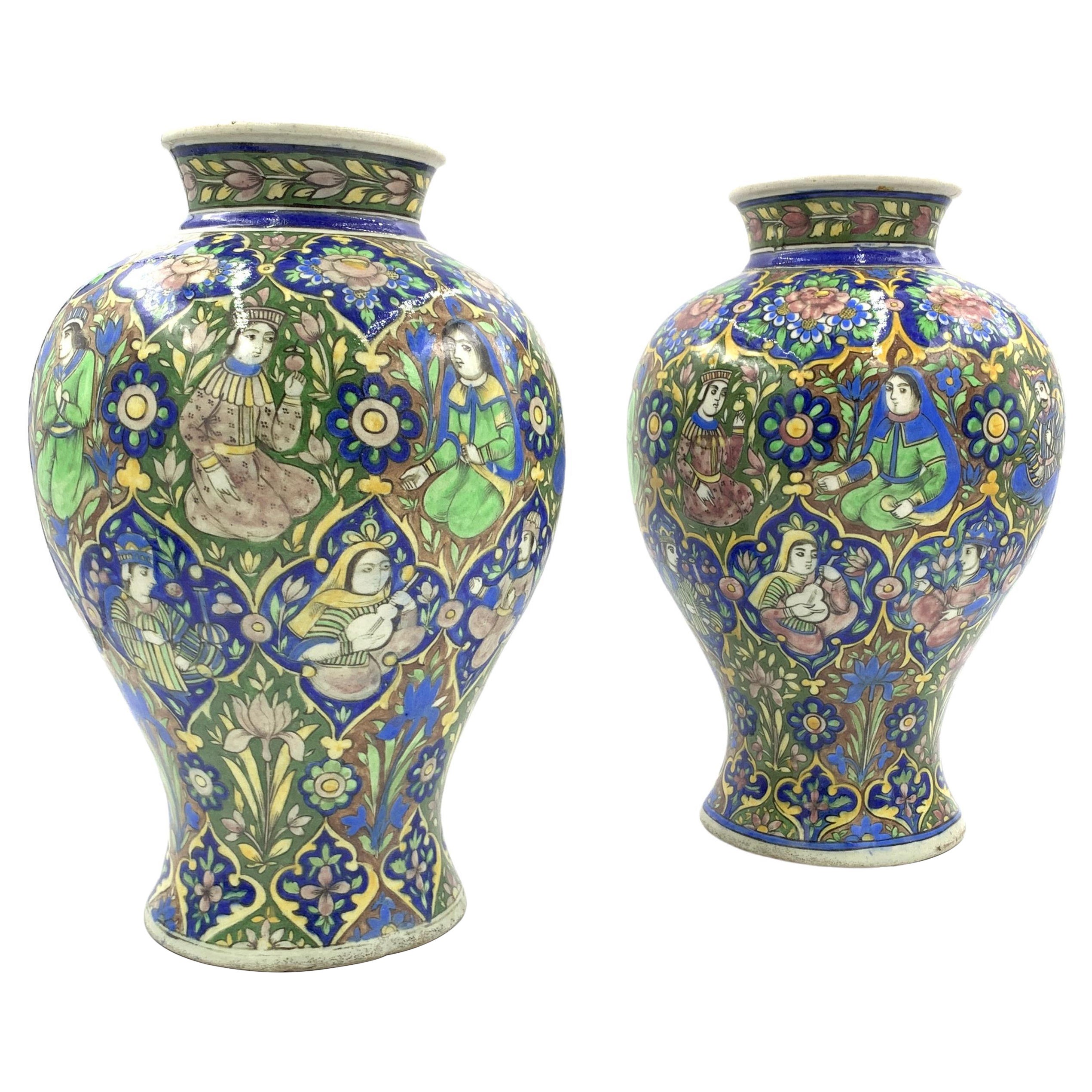 Pair of Qajar Vases with Floral Design, 19th Century