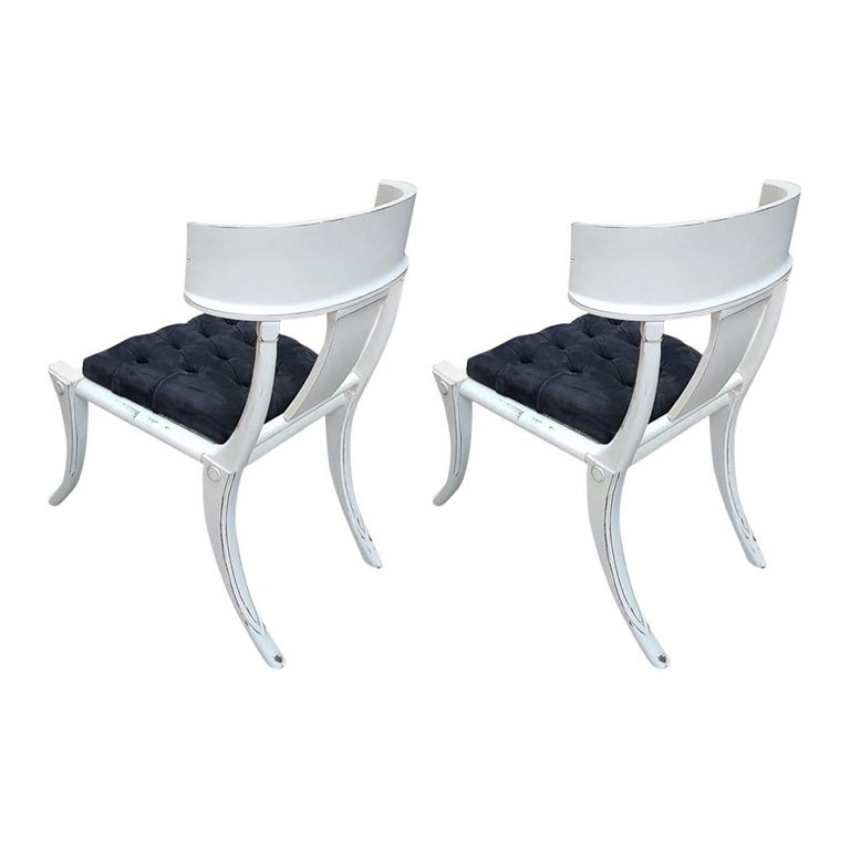 Klismos Saber Legs White Shabby Chairs Customizable Upholstery Set of 2 For Sale