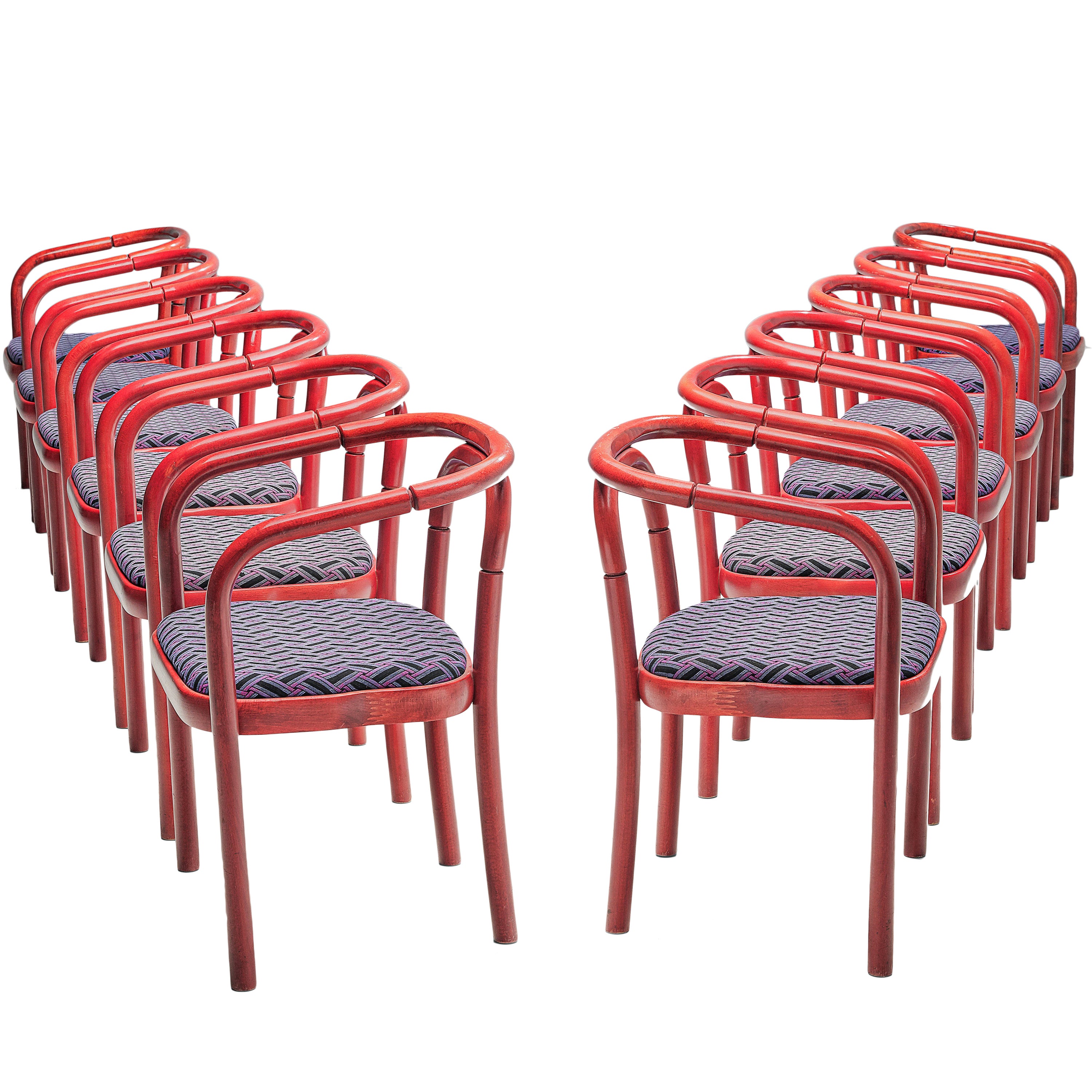 Antonín Šuman for TON Dining Chairs with Red Frames and Patterned Upholstery For Sale