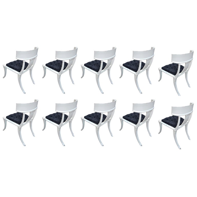 Klismos Saber Legs White Shabby Chairs Customizable Upholstery Set of 10 For Sale
