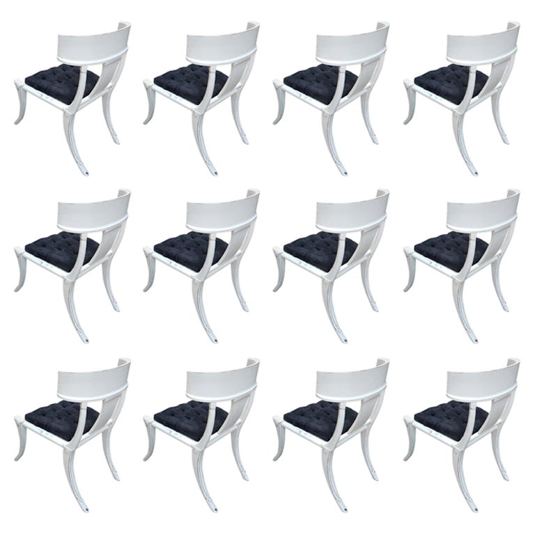 Klismos Saber Legs White Shabby Chairs Customizable Upholstery Set of 12 For Sale