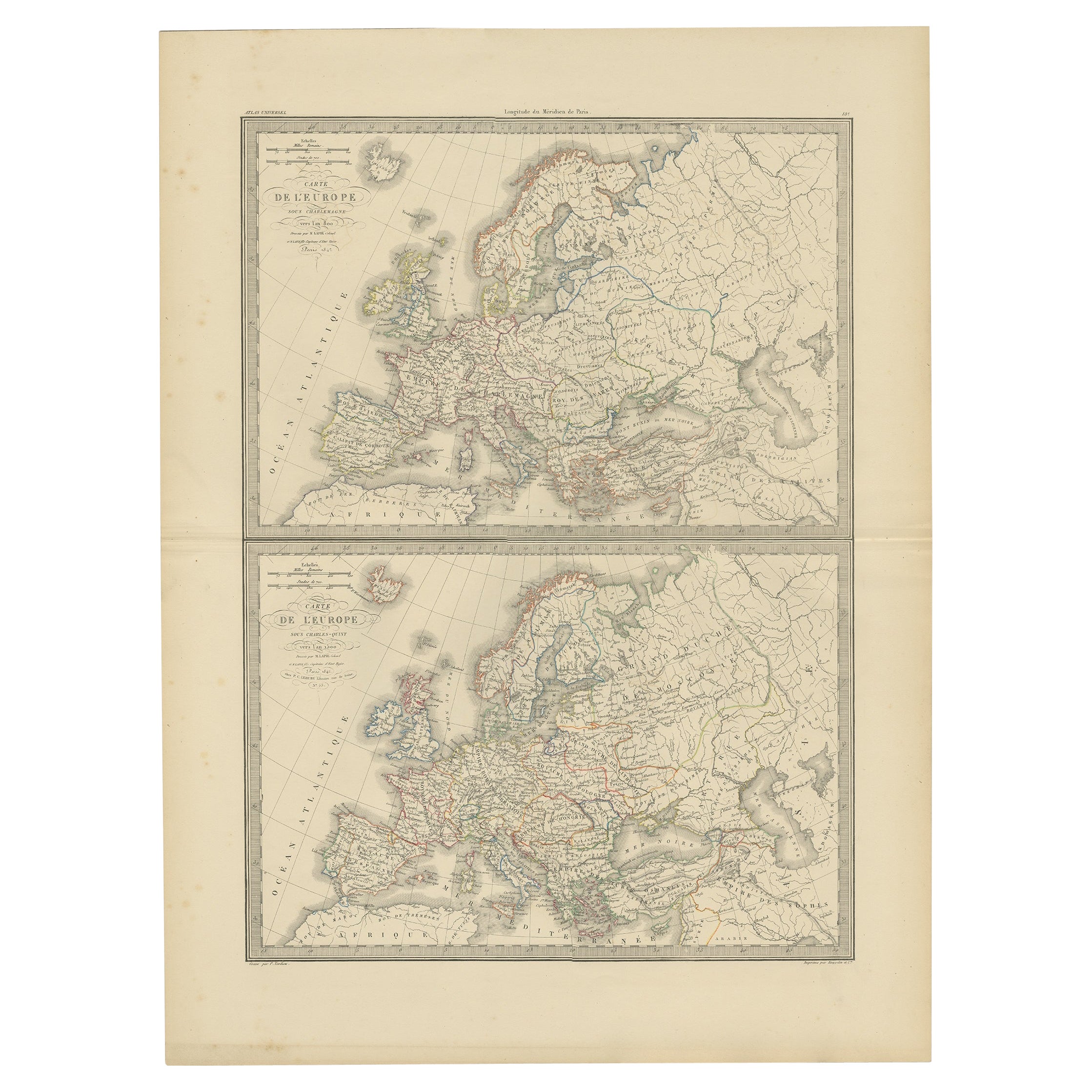 Antique Map of Europe in the Year 800 and 1500, Published in 1842 For Sale