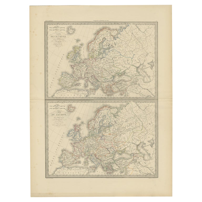 Antique Map of Europe in the Year 800 and 1500, Published in 1842 For Sale  at 1stDibs