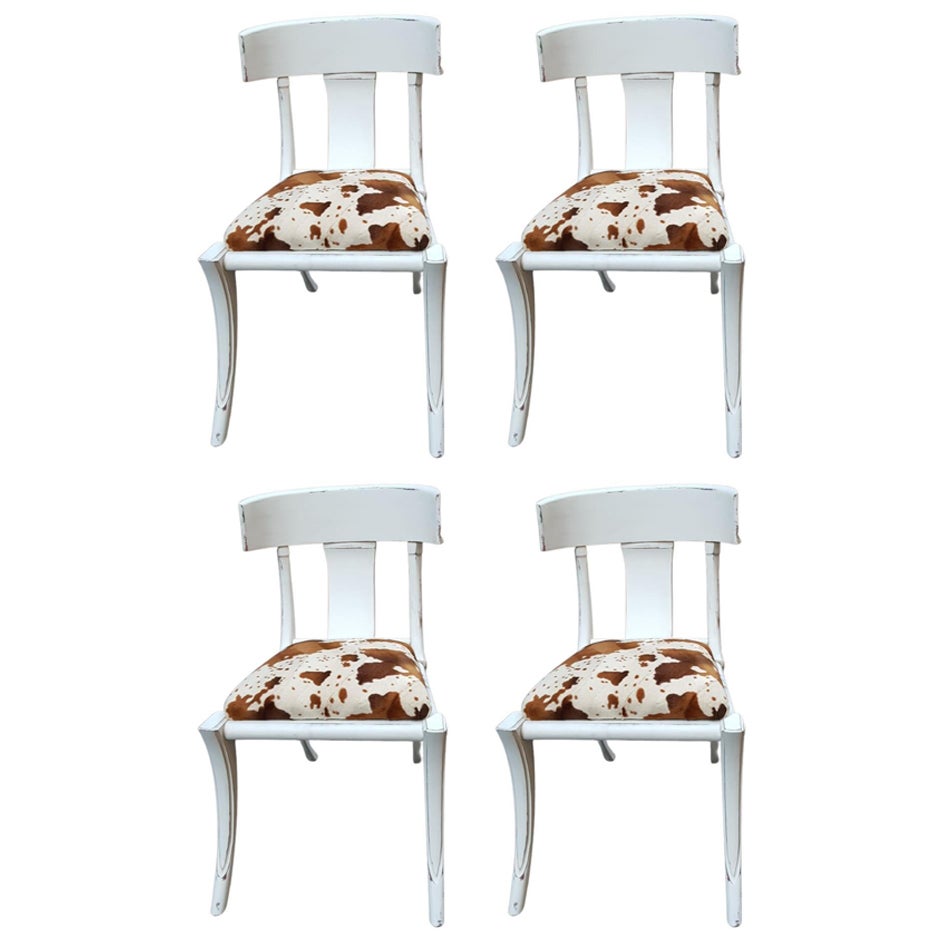 Klismos Saber Legs White Shabby Chairs Customizable Eco Cow Fur Seats Set of 4