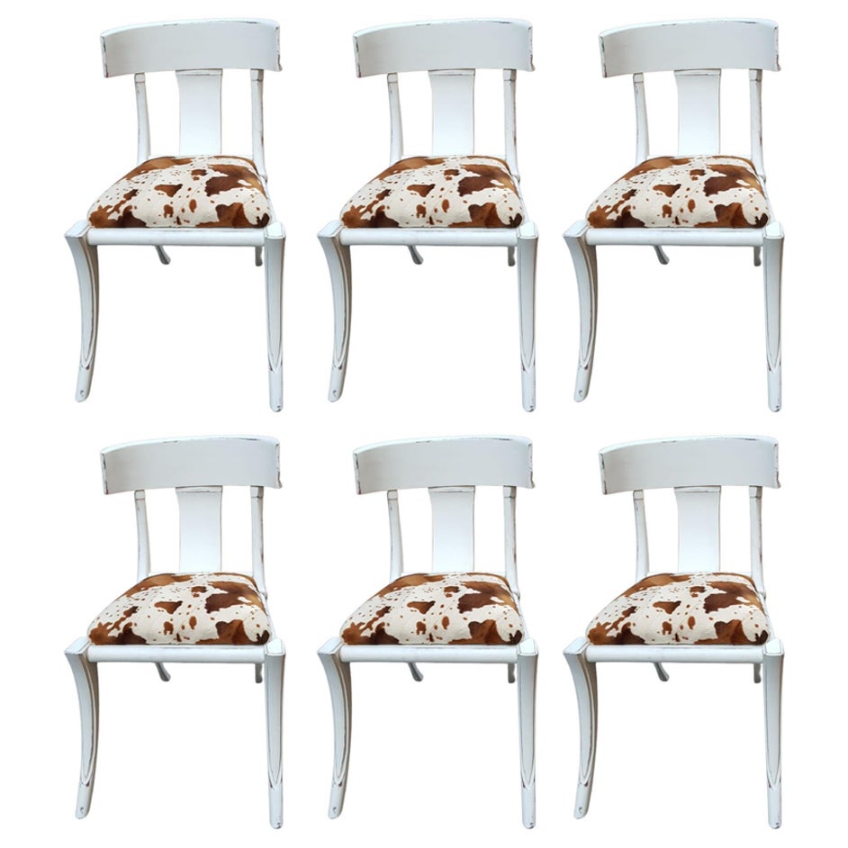 Klismos Saber Legs White Shabby Chairs Customizable Eco Cow Fur Seats Set of 6