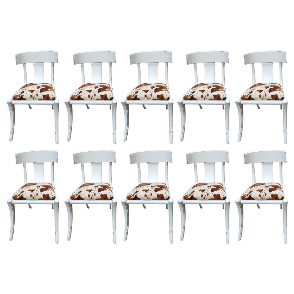 Klismos Saber Legs White Shabby Chairs Customizable Eco Cow Fur Seats Set of 10