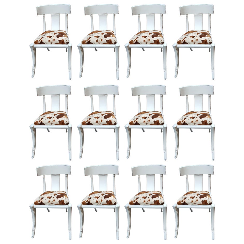 Klismos Saber Legs White Shabby Chairs Customizable Eco Cow Fur Seats Set of 12 For Sale