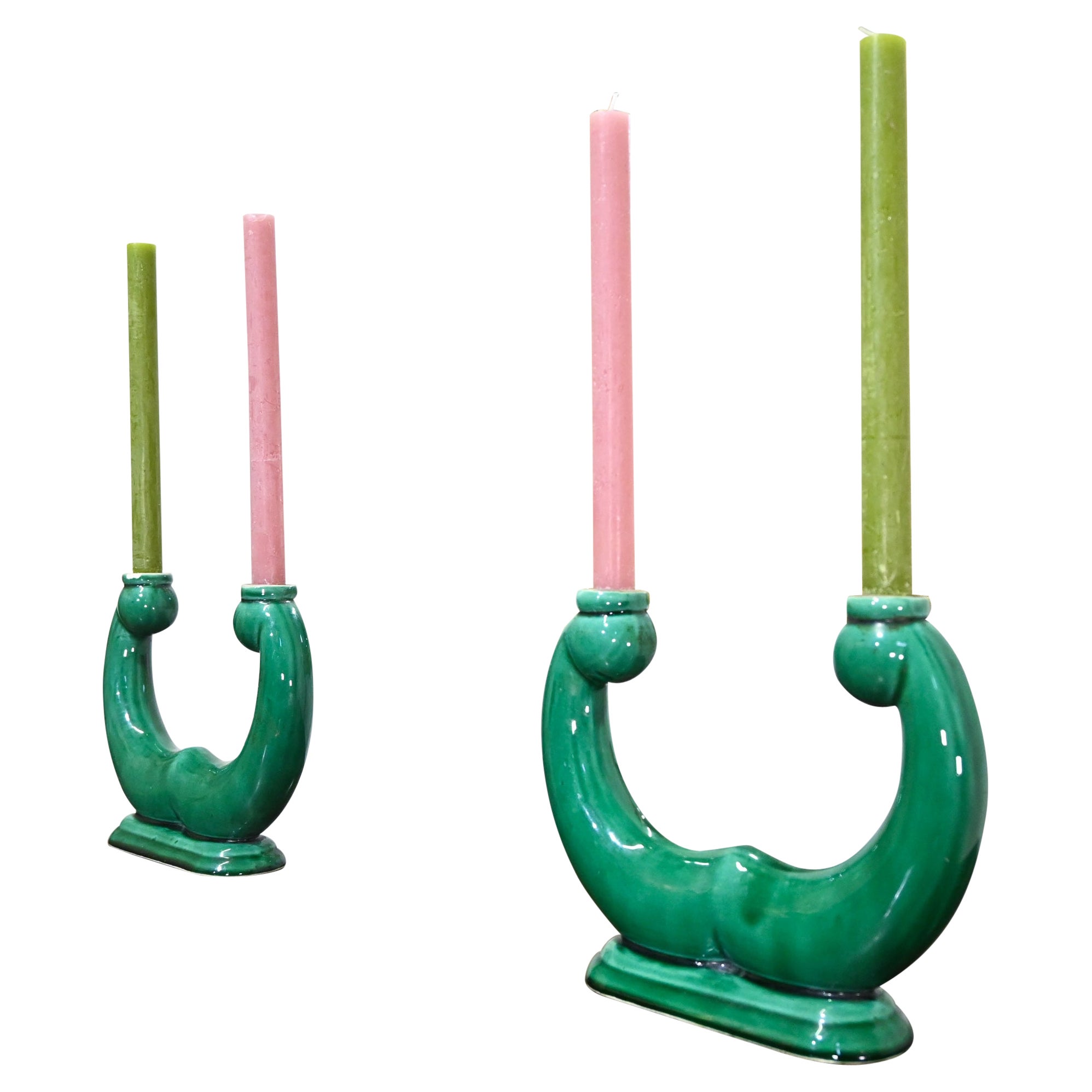 Pair Of French ceramic Green Candlesticks - Vallauris For Sale