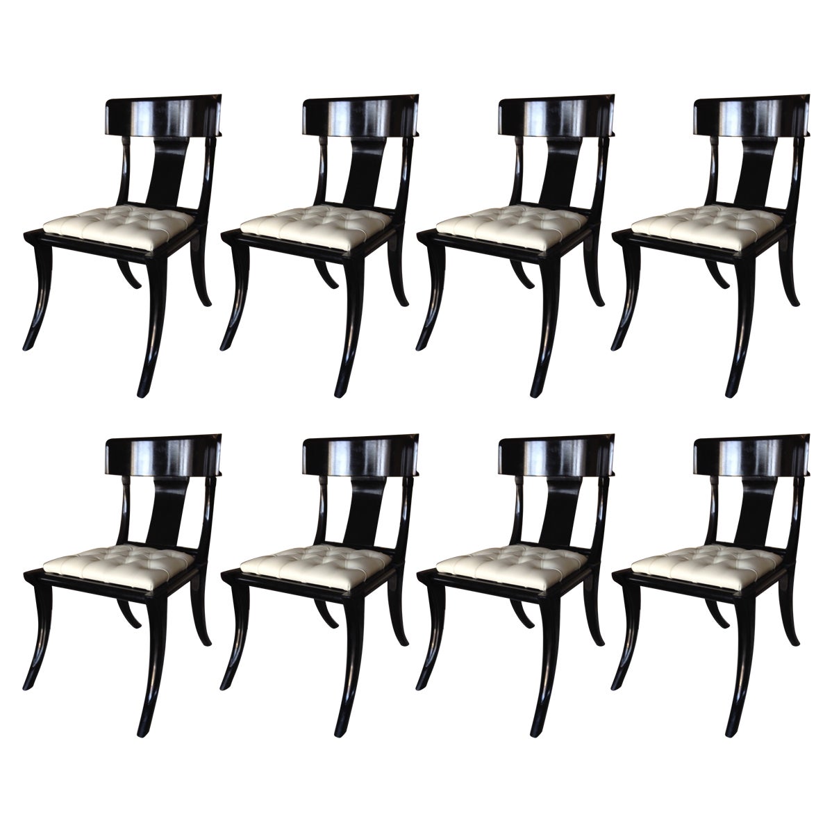 Klismos Wood Saber Legs Customizable White Leather Seats Dining Chairs Set of 8 For Sale