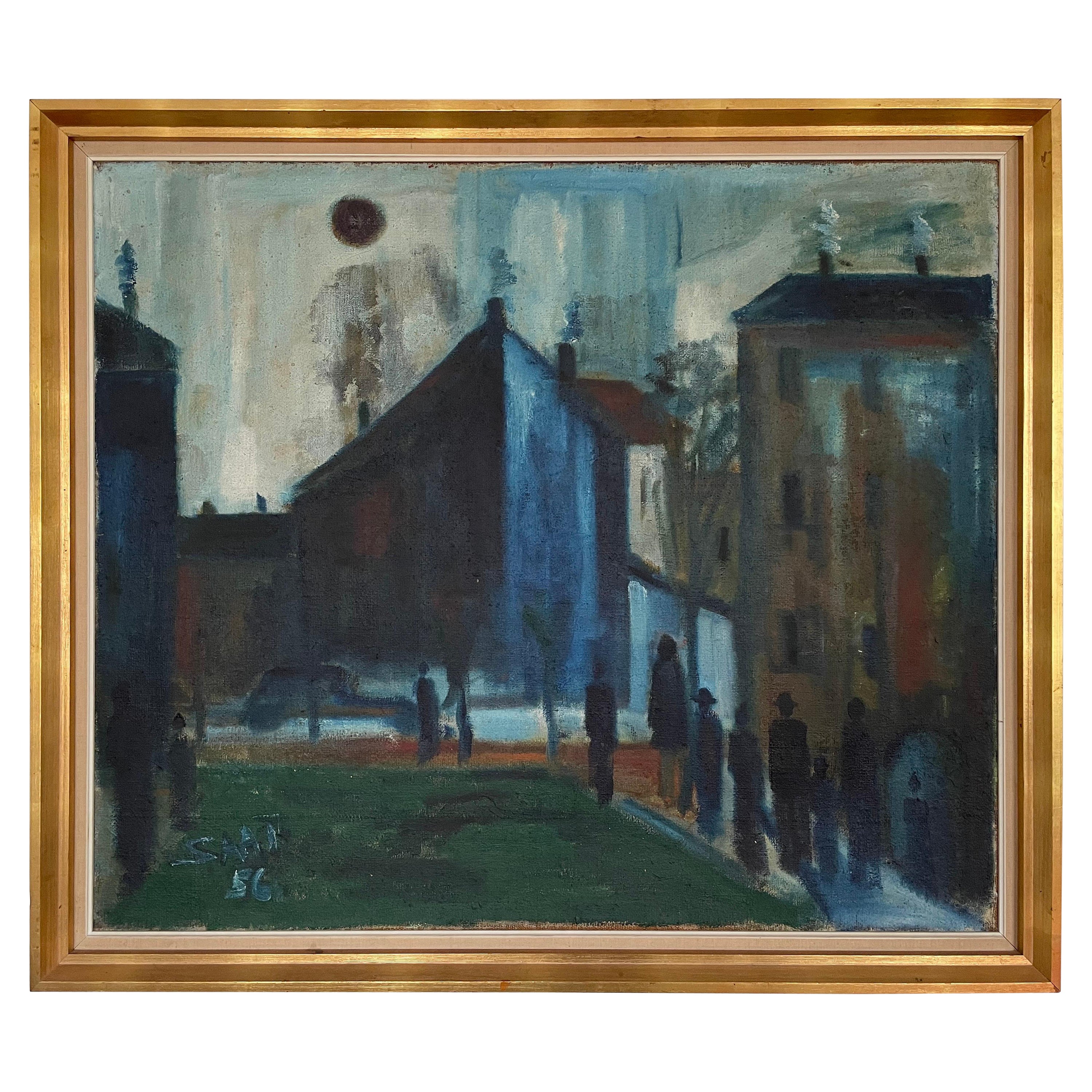 Modernist Urban Motif from 1956 of Copenhagen by Svend Aage Tauscher For Sale