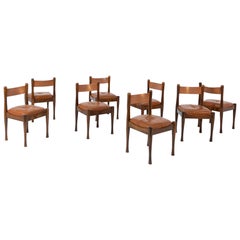 Silvio Coppola for Bernini Rare Set of Eight Chairs in Wood and Brown Leather