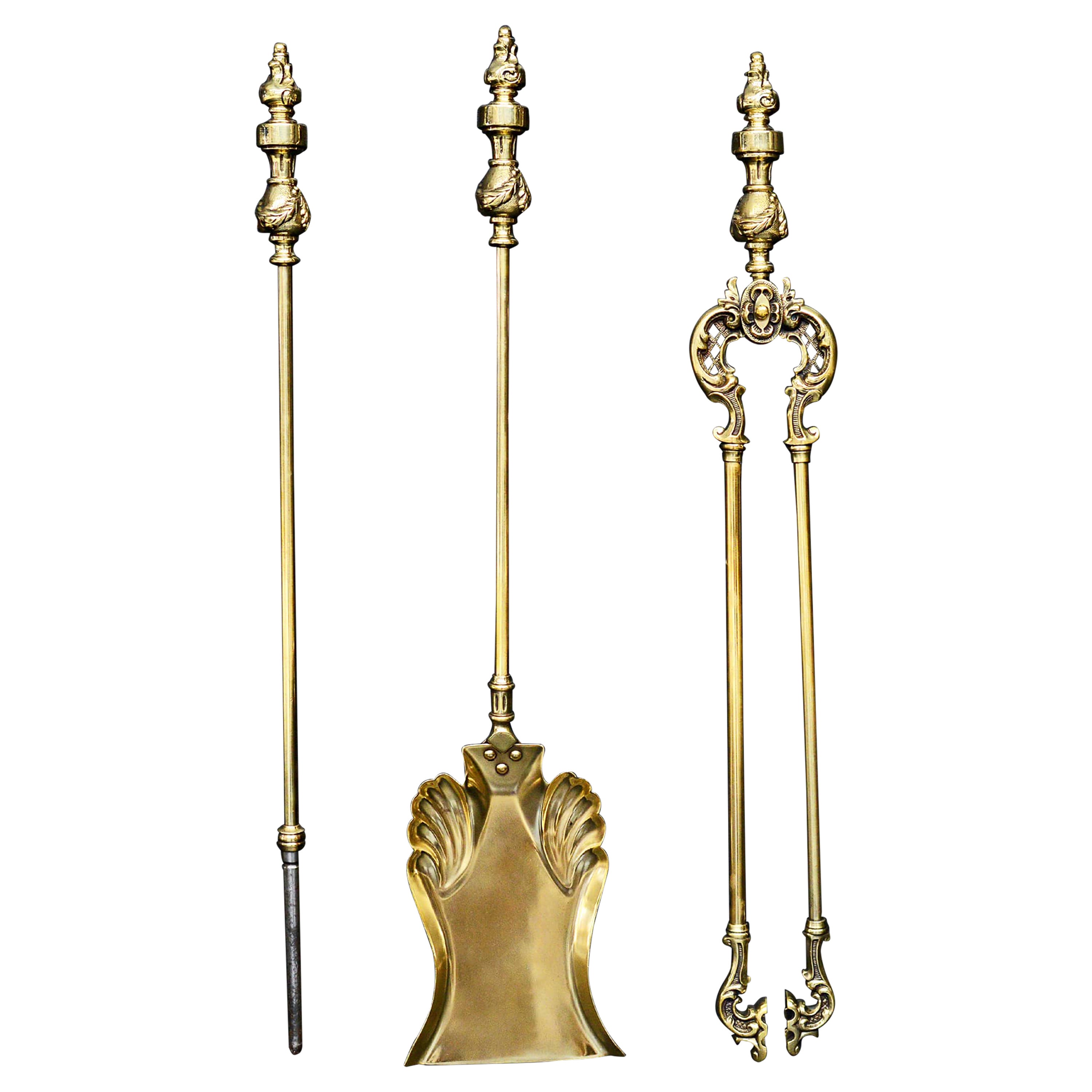 Set of Decorative Polished Brass Victorian Firetools For Sale