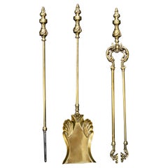 Antique Set of Decorative Polished Brass Victorian Firetools