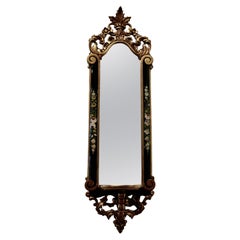 Black Lacquer and Gilt Long Wall Mirror with Shelf