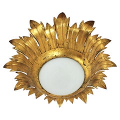 Sunburst Light Fixture in Gilt Iron and Milk Glass, 1950s