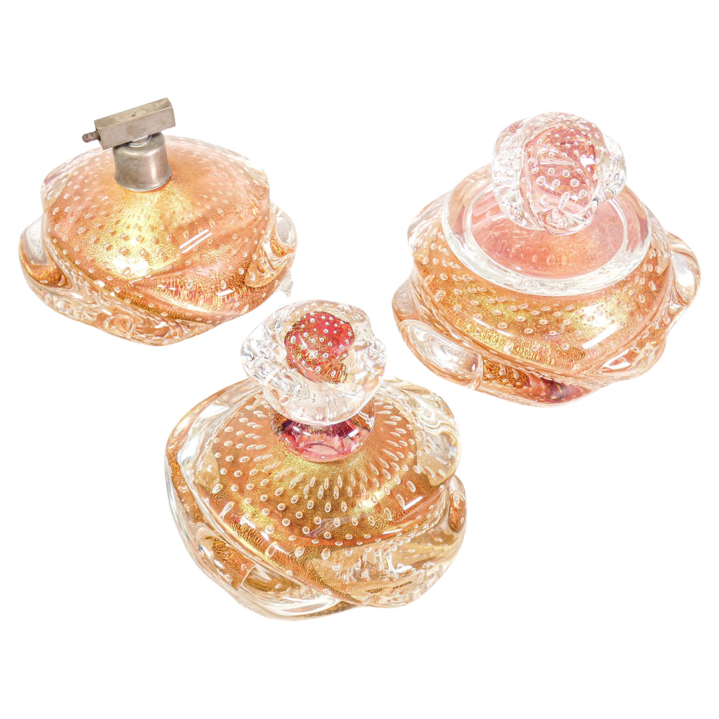 Toilet Set in Blown Murano Glass with Gold Flakes, E. Barovier, 40s For Sale