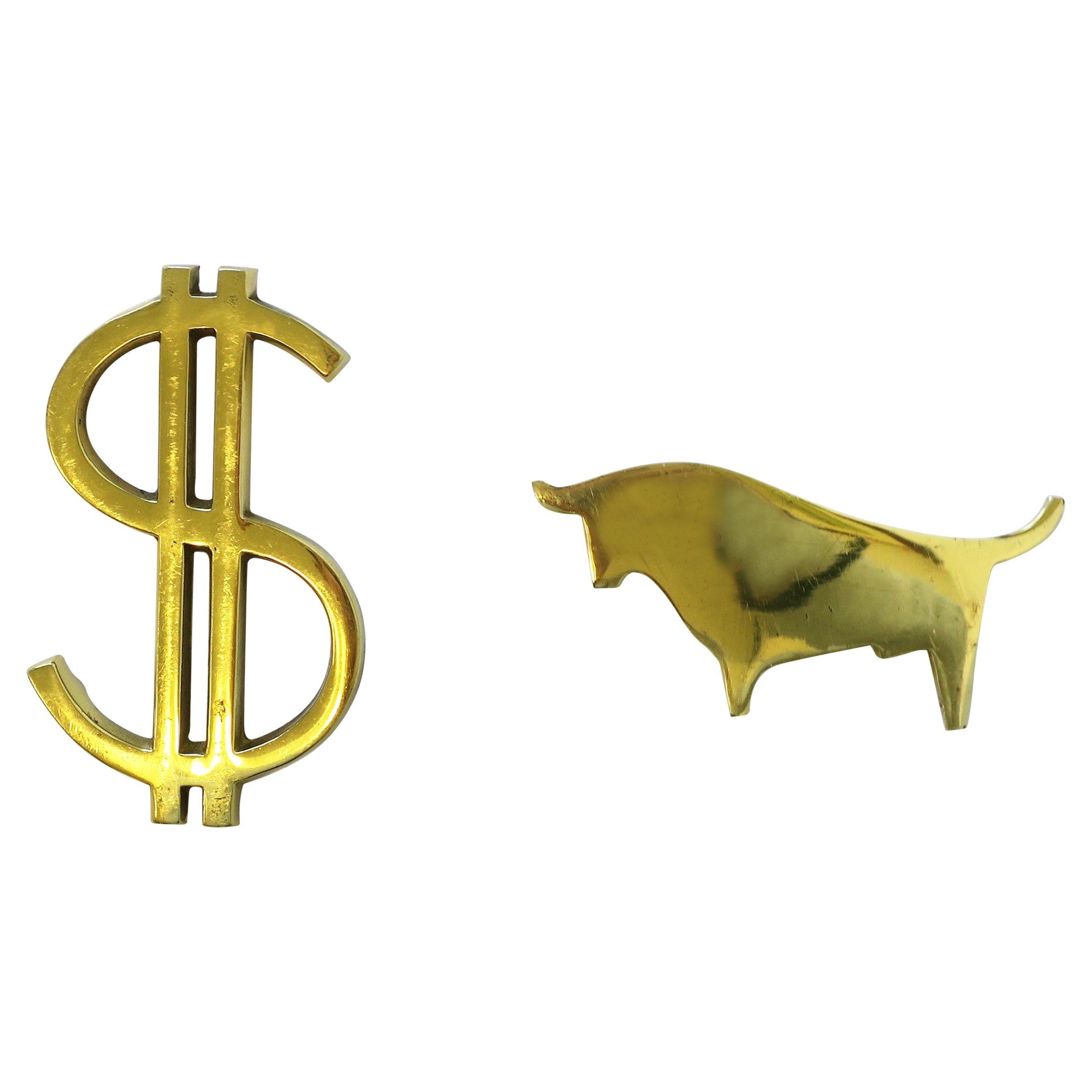 Wall Street Dollar Sign and Bull Brass Desk Paperweights For Sale