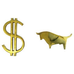 Retro Wall Street Dollar Sign and Bull Brass Desk Paperweights