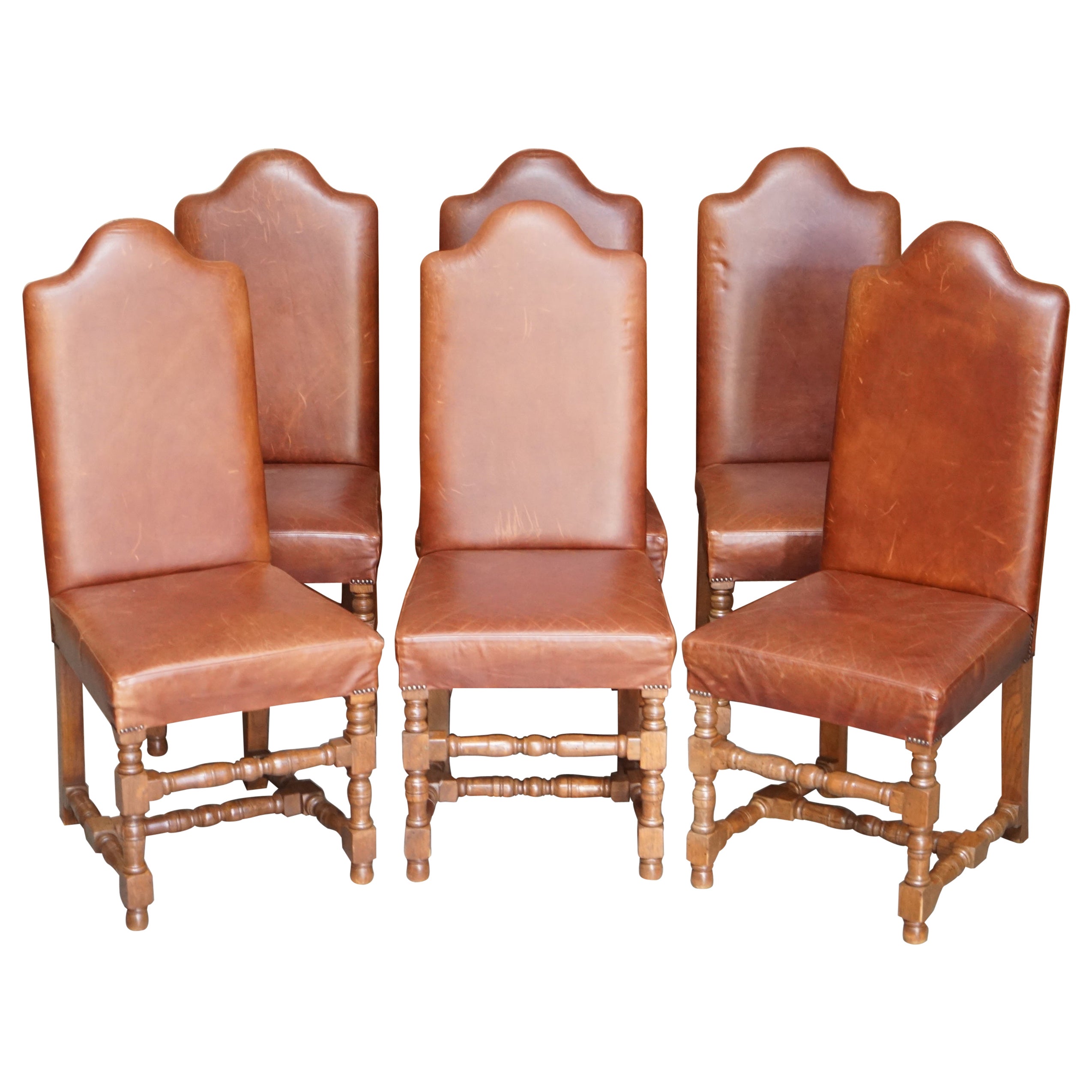 Suite of Six Antique Oak & Heritage Leather Cromwellian Dining Chairs High Backs For Sale