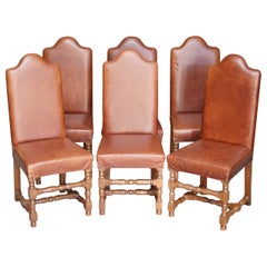 Suite of Six Used Oak & Heritage Leather Cromwellian Dining Chairs High Backs