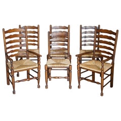 Lovely Suite of Six Antique Dutch Ladder Back Oak Rush Seat Dining Chairs 6