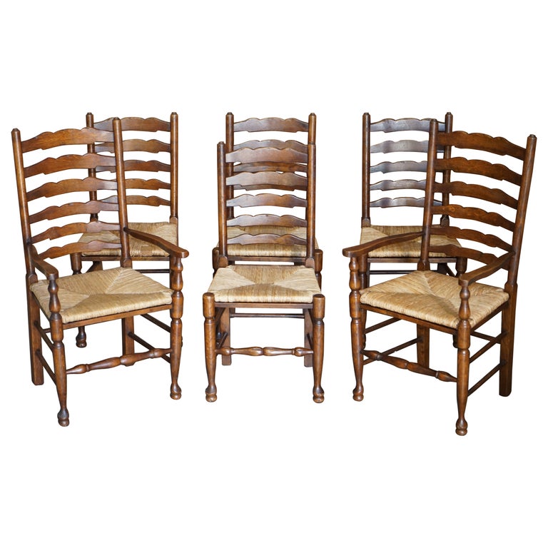 Lovely Suite Of Six Antique Dutch, Vintage Oak Ladder Back Dining Chairs