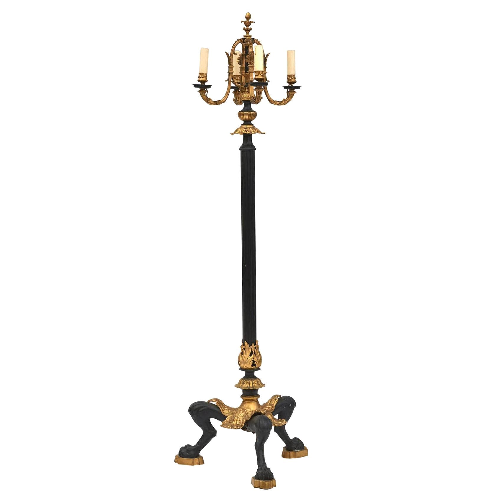 French Louis XVI Style Gilt and Black Painted Bronze Floor Lamp For Sale
