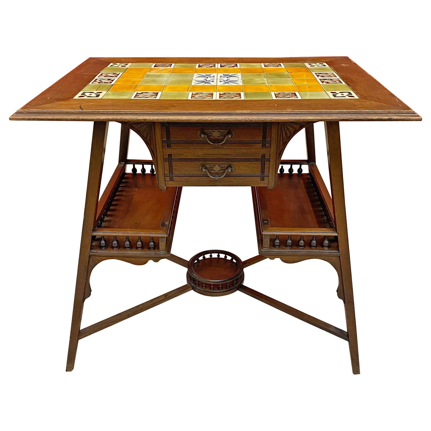 Art Nouveau Side Table in Oak, Top Covered with Ceramics