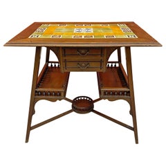 Art Nouveau Side Table in Oak, Top Covered with Ceramics