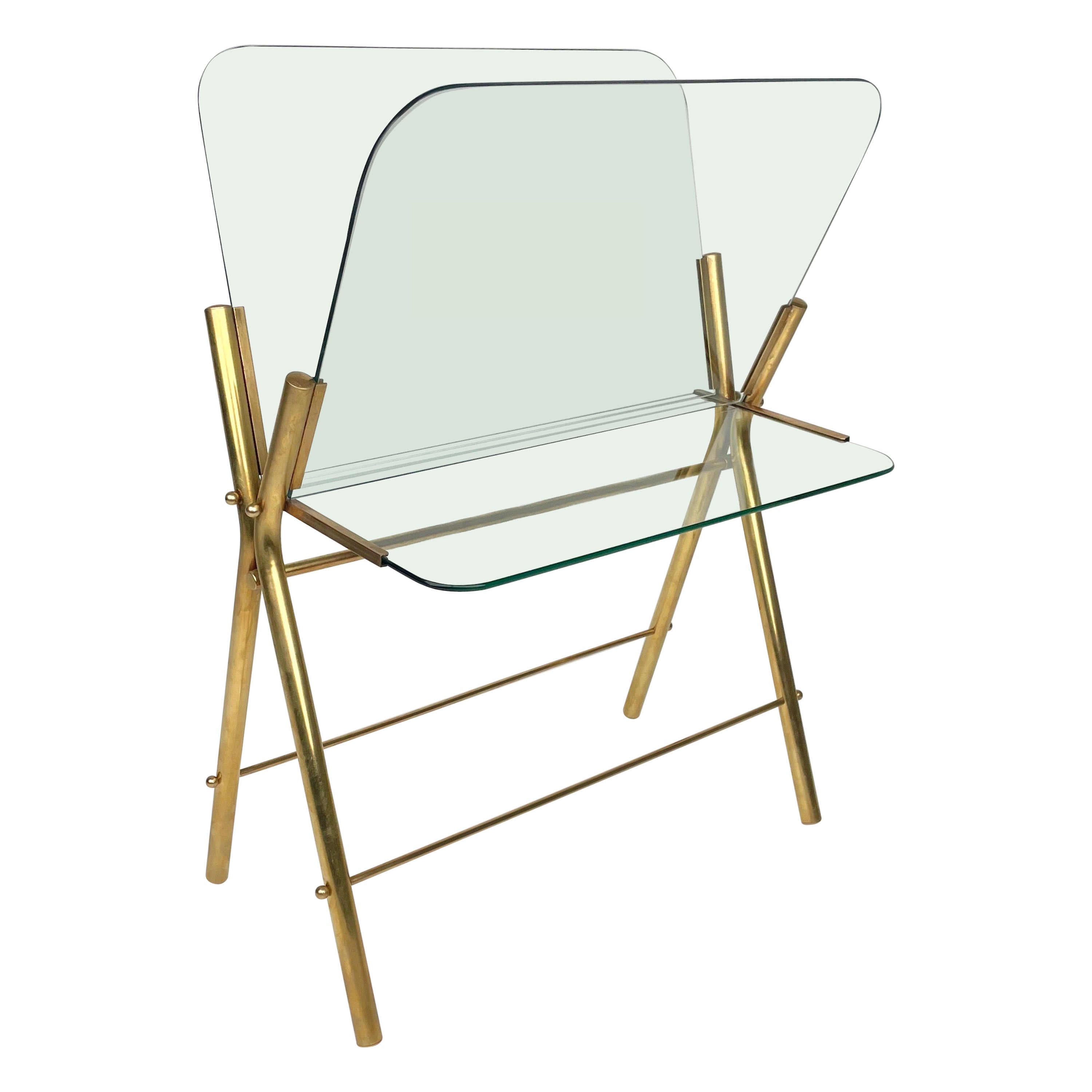 Magazine Rack Table Brass and Glass, Italy 1950s For Sale