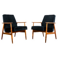 Pair of Restored Mid-Century Armchairs in Black Velvet by H. Lis, 1960's