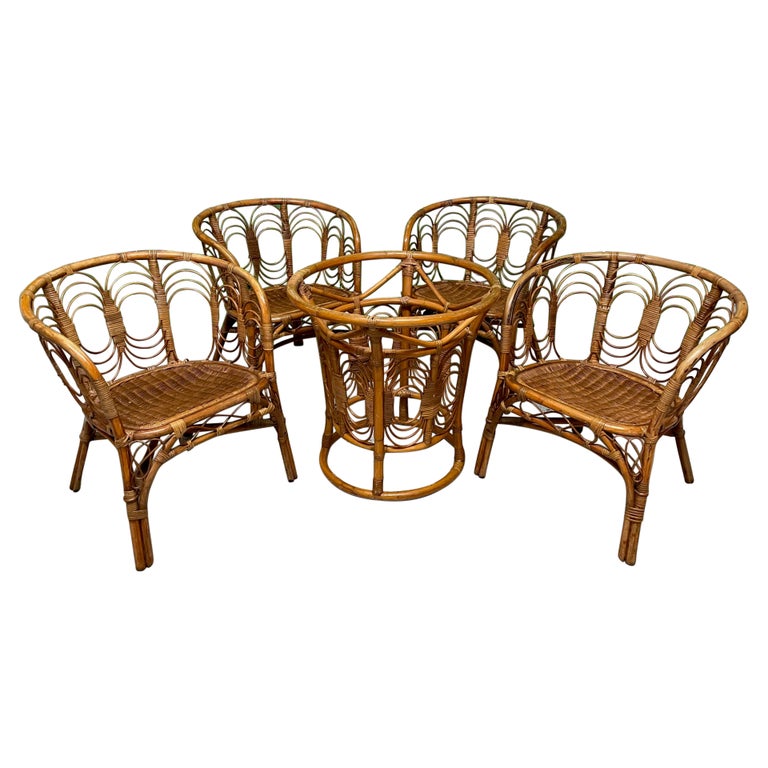 Vintage Rattan and Wicker Dining Set, Table and Four Chairs For Sale at