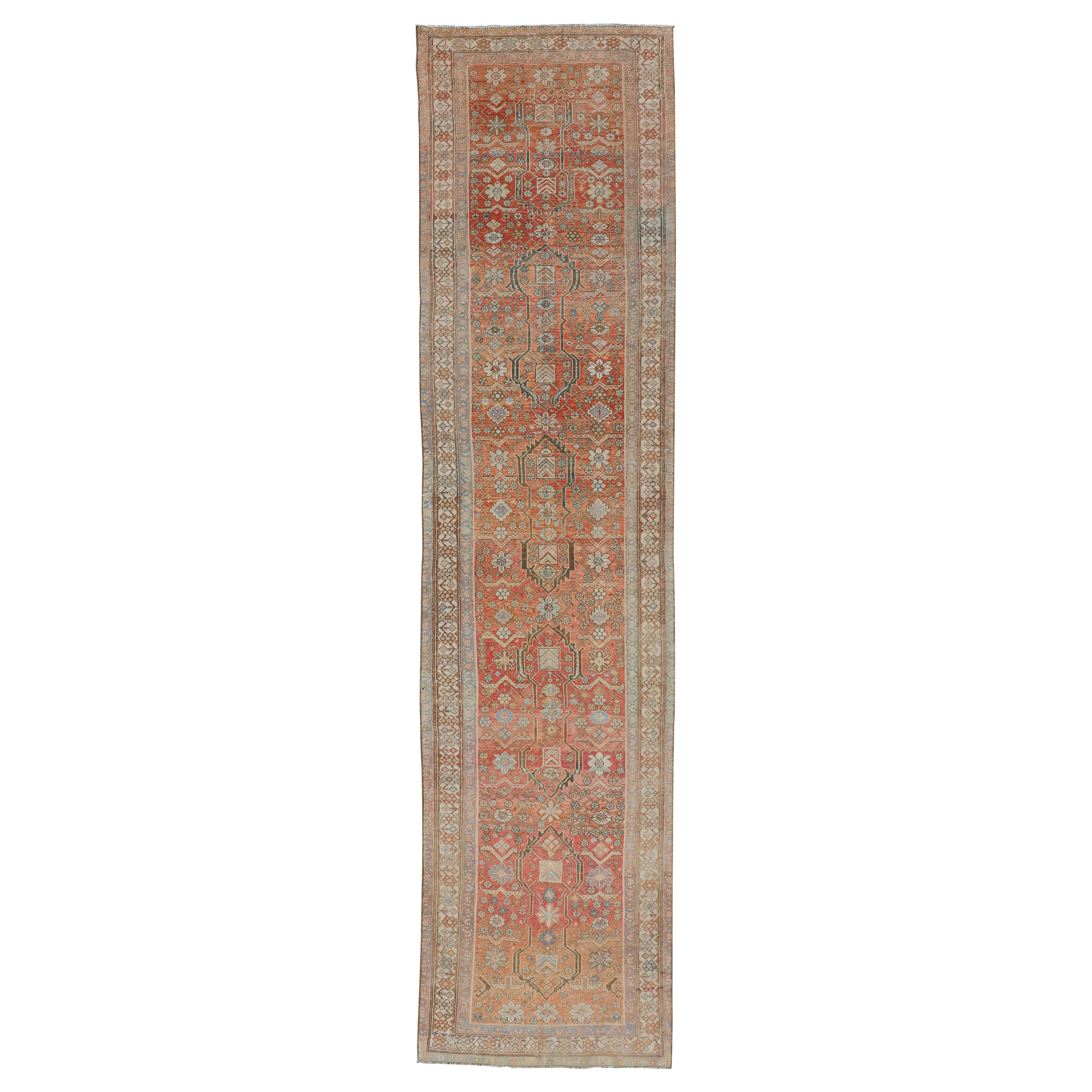 Malayer Antique Runner in Gray Blue, Coral, and Cream with All-Over Design For Sale